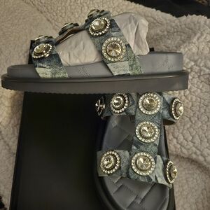 Kurt Geiger Denim Blue Jeweled Slide Sandals
